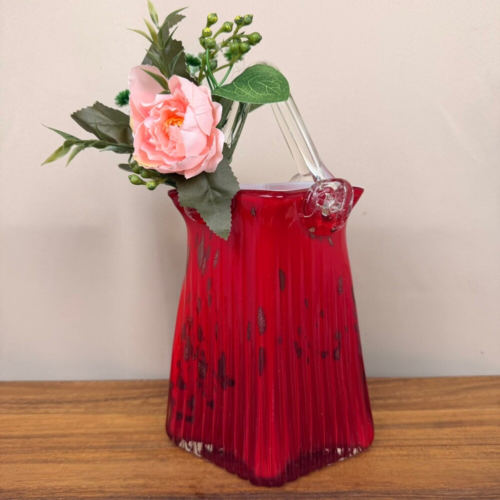 Vintage 10.5 inch Red Murano Style Glass Purse Vase with Gold Splatter